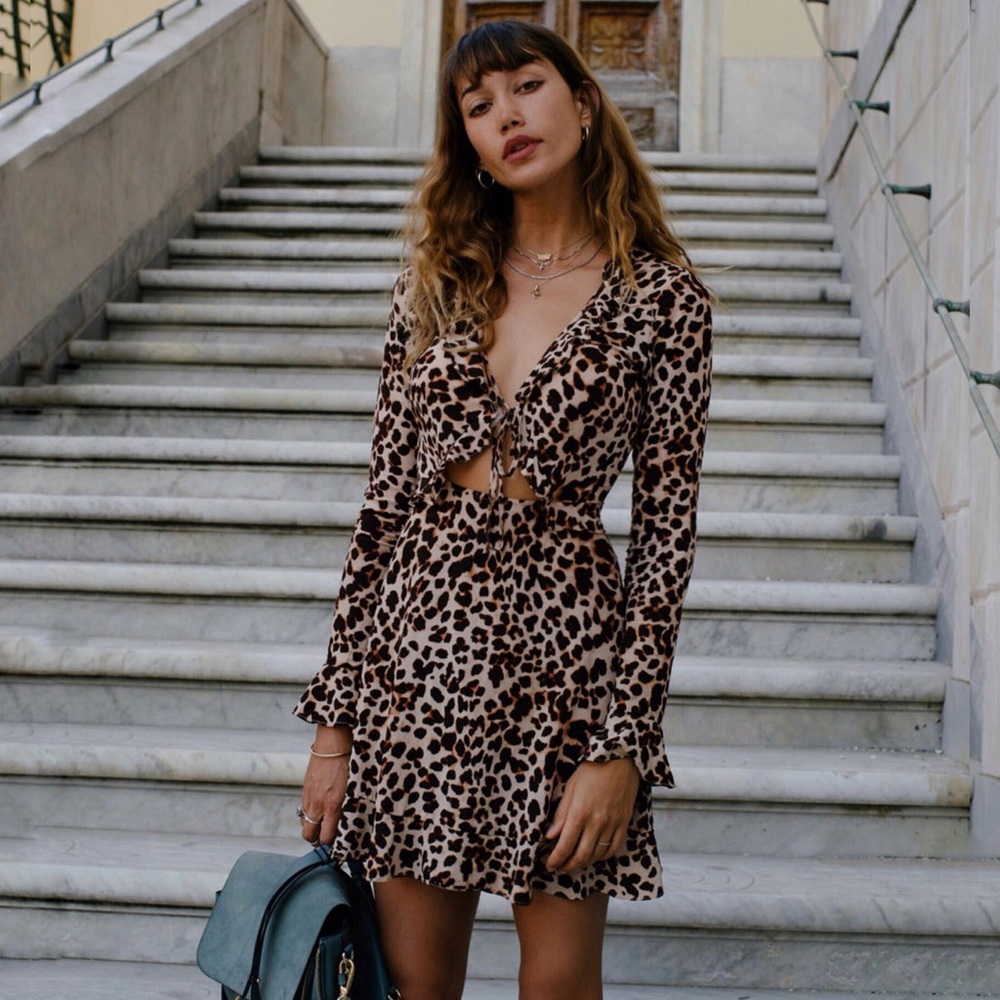 for love & lemons  leo keyhole stretch silk mini dress in cheetah, size small